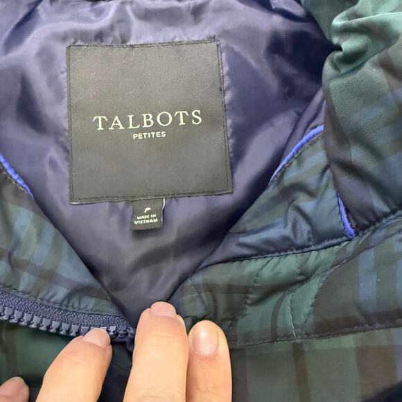 Talbots Petites Down Puffer Vest Plaid Green Blue Blackwatch Check Size P - Picture 4 of 8